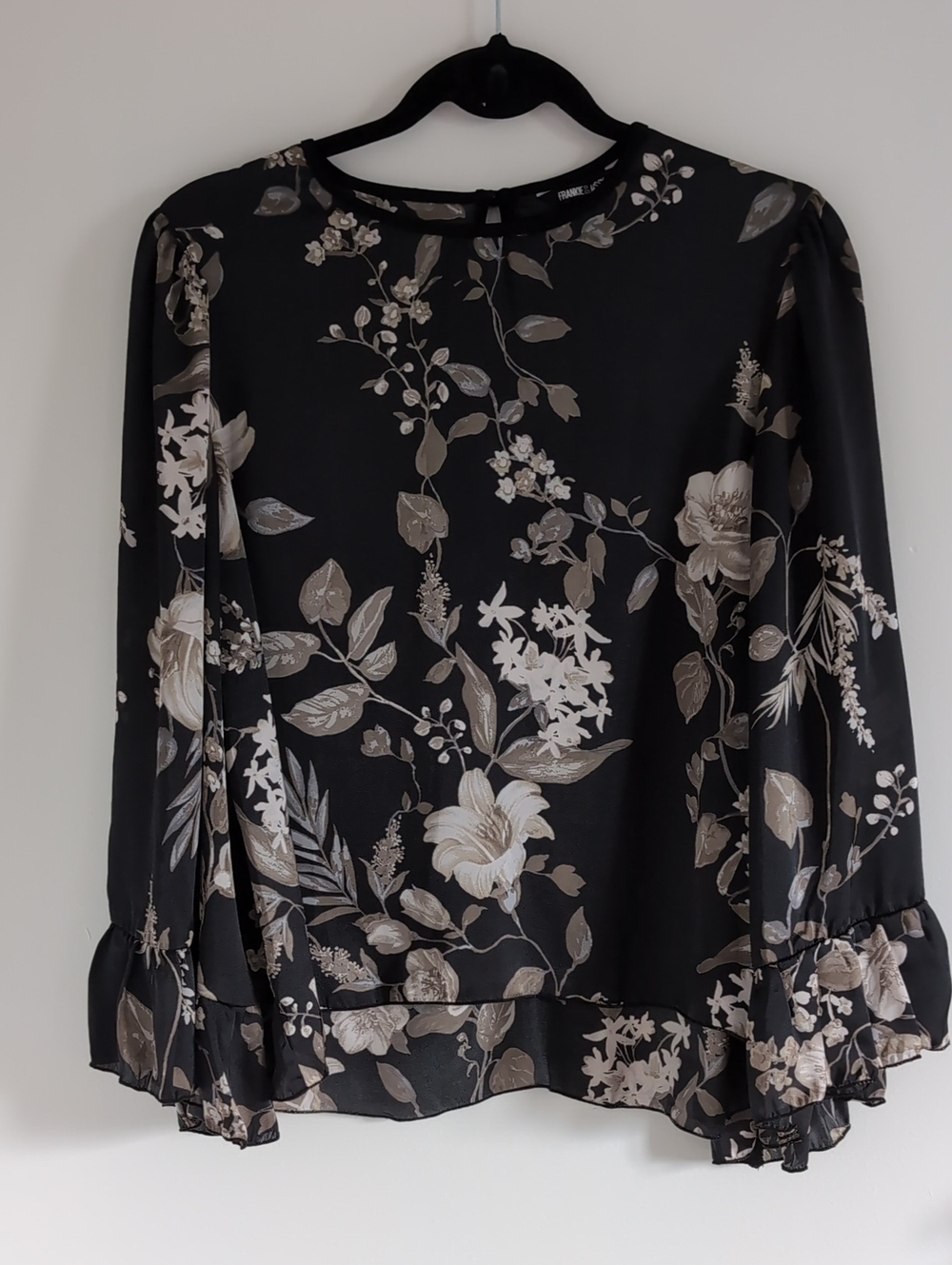 Floral Ruffle-Hem Black Blouse